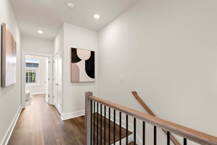 Upstairs landing with modern art